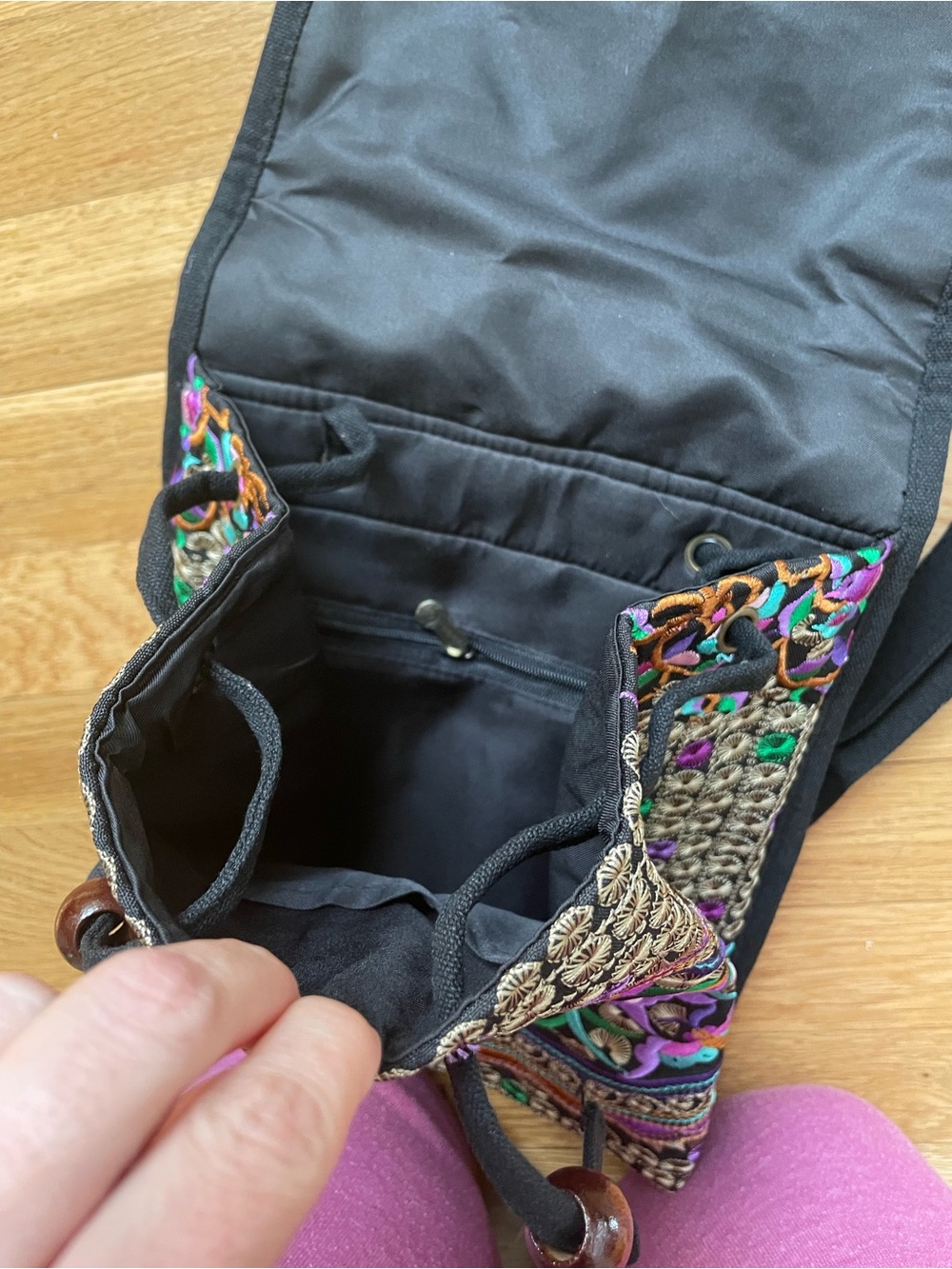 Embroidered Floral Black Backpack with Purple & Teal Accents - Picture 7 of 7